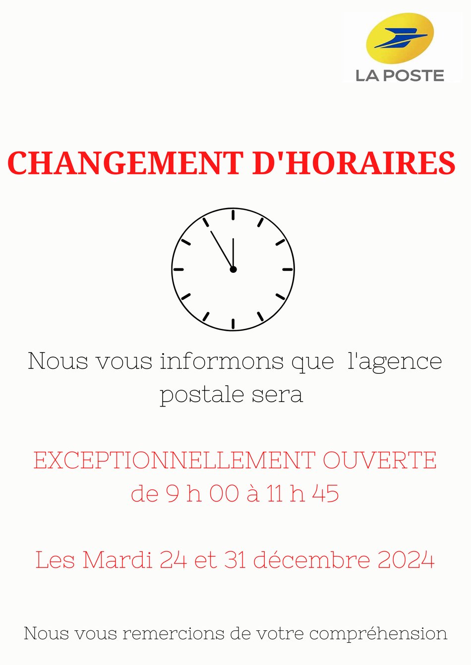 changement horaires postedec2024