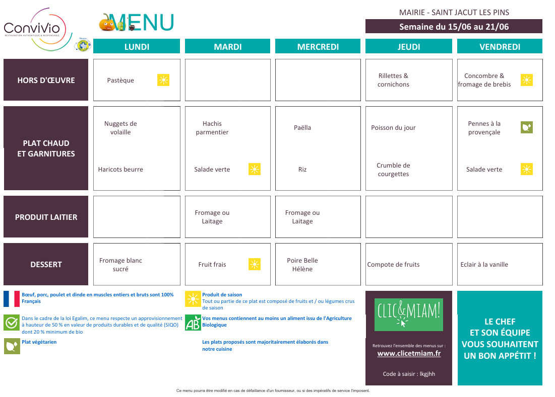 menus semaine du 15/06/2026
