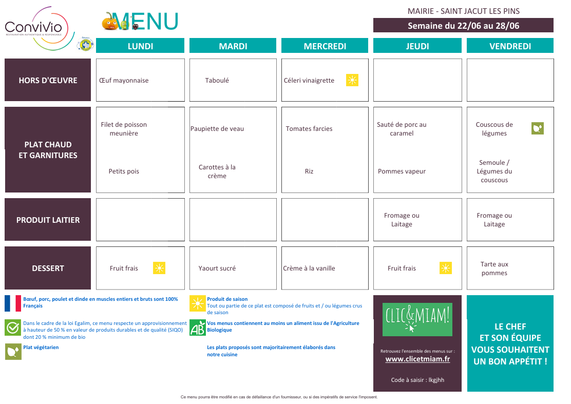 menus semaine du 22/06/2026