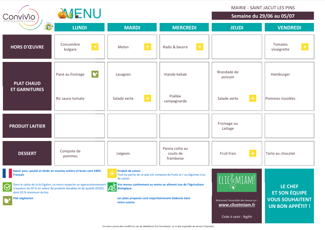 menus semaine du 29/06/2026