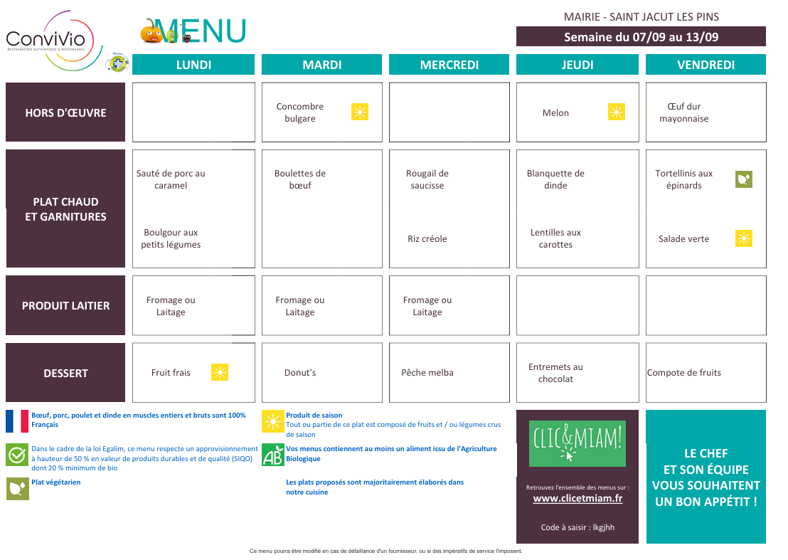 Menus du 7 au 11 septembre
