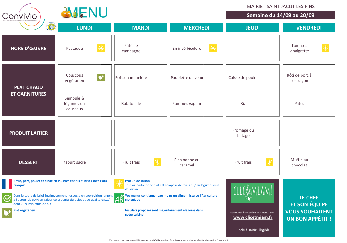 Menus du 14 au 18 septembre