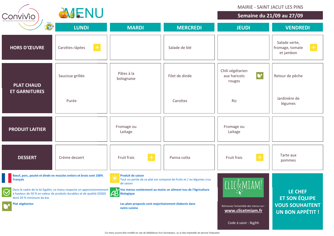 Menus du 21 au 25 septembre