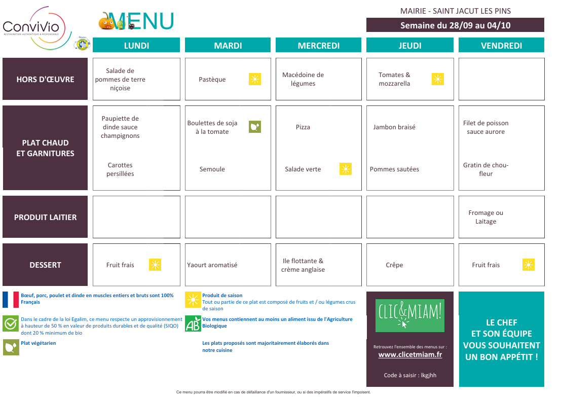 Menus du 28 septembre au 2 octobre